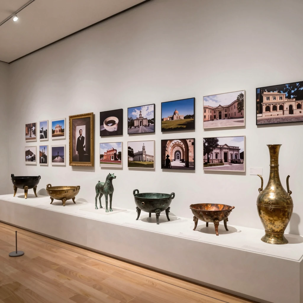 Museum gallery with historical artefacts and photographs on display